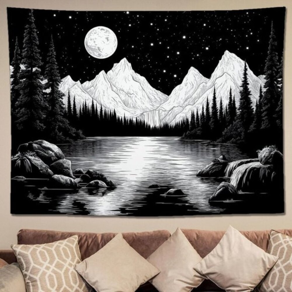 Monochrome Mountain Moon Tapestry - Black & White Wall Art